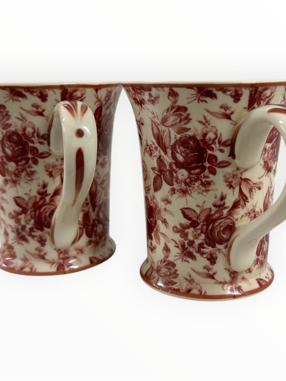 Harry & David Floral Toile Coffee Mugs Set of 2 Red Cream Ceramic China - Picture 8 of 11